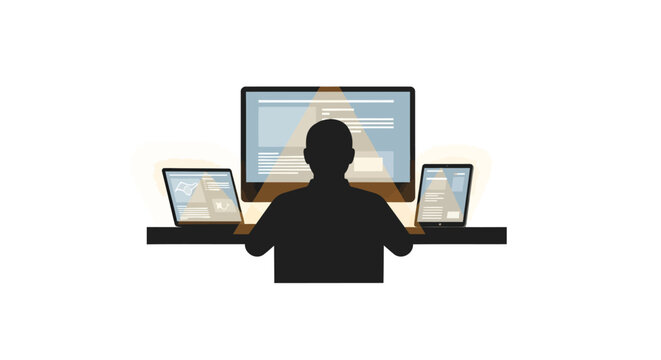 Silhouette of a person working on a computer with multiple screens and devices on a desk