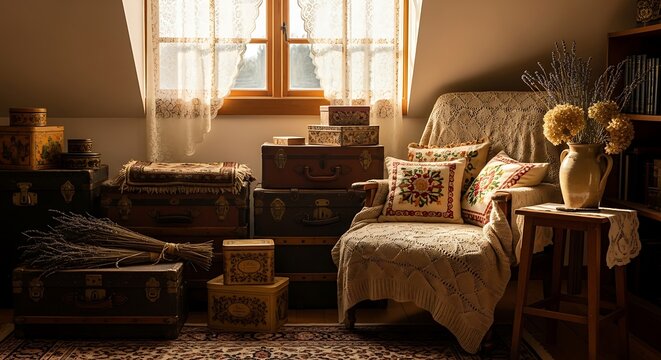 Cozy Attic Room with Vintage Trunks and Armchair