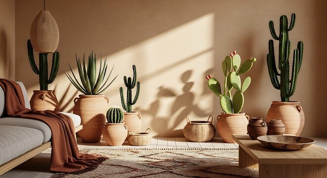 Boho Living Room With Cacti And Woven Decor In Natural Light bohemian interior - Powered by Adobe