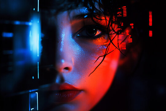 Retro futurism style portrait of person neon VR visor wear clothes inspired how people imagined future 80s 90s generative ai