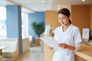 落ち着いた受付スペースで書類を丁寧に確認する女性医療スタッフ