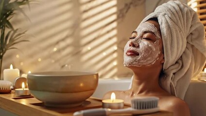 Woman experiencing serene relaxation with facial mask and candles, embracing self-care in a tranquil spa bath setting.