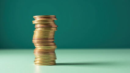 Stacked coins create visually appealing arrangement, showcasing wealth and finance. shiny surface reflects light, enhancing image allure