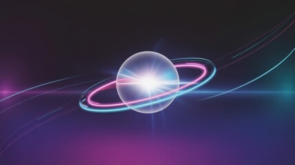 Digital glowing orb with vibrant neon rings orbiting on a dark gradient background