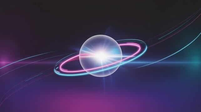 Digital glowing orb with vibrant neon rings orbiting on a dark gradient background