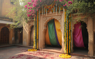 Festive Indian Courtyard Backdrop with Floral Stone Archway, Marigold Garlands, Rangoli and Spring Celebration Decor