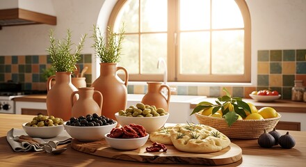 Mediterranean Kitchen Counter with Olives, Focaccia, and Lemons black olives