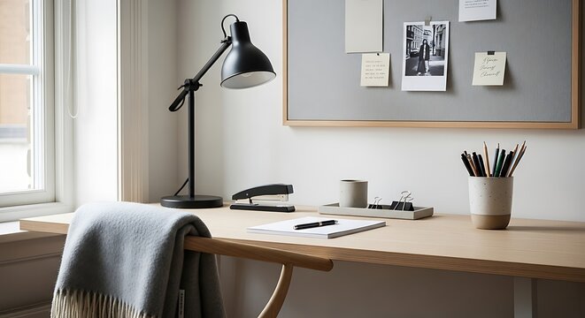 Minimalist Desk Setup With Lamp Notebook and Bulletin Board workspace home office