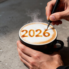 Person drawing the year two thousand twenty six on a coffee with a pen in a black coffee cup