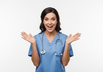 Surprised female doctor wearing scrubs and stethoscope isolated on white background