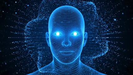 Glowing digital face of a person with a wireframe, surrounded by luminous particles. Represents artificial intelligence concept - Powered by Adobe
