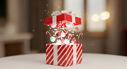 Magical Gift of Wonder: A brightly wrapped present bursts open, releasing a cascade of festive ornaments and sweet treats, embodying the spirit of joyous giving and celebration.