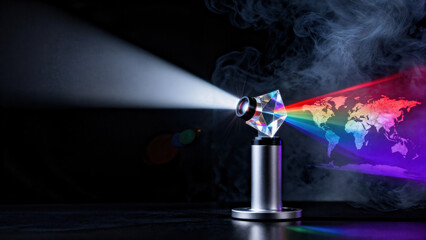 Light beam passing through a prism creating a rainbow world map on a dark smoky background