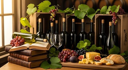 Fototapeta premium Wine tasting setup with bottles, grapes, cheese, figs, and books dark green