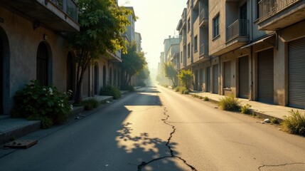 Sunlit street scene of aged residential buildings with closed storefronts, showing a quiet morning atmosphere and cracked pavement