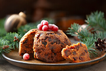 Traditional homemade English steamed Christmas Plum Pudding