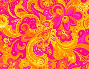 A vibrant psychedelic floral paisley seamless pattern featuring bold pink yellow and orange hues