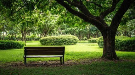 Serene Park Scene Featuring Empty Bench Under Lush Green Tree and Vibrant Foliage, Ideal for Relaxation and Nature Retreat Imagery