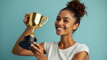 A person holding up a trophy, possibly as a symbol of achievement or pride