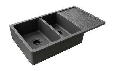 Fototapeta premium A durable stone resin double basin sink with a patterned drainboard for upscale kitchens.