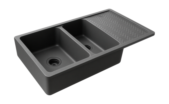 A durable stone resin double basin sink with a patterned drainboard for upscale kitchens.