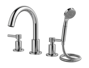 A three-hole deck-mounted tub faucet with a detachable hand shower, ideal for family