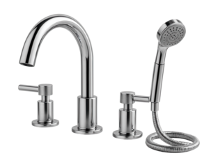 A three-hole deck-mounted tub faucet with a detachable hand shower, ideal for family