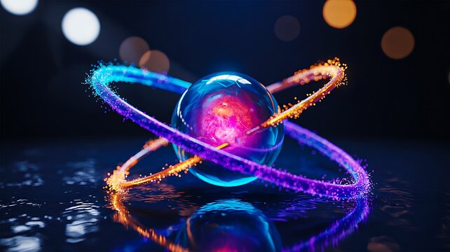 Colorful Futuristic Atomic Model with Glowing Energy Rings and Particle Effects on Reflective Surface

