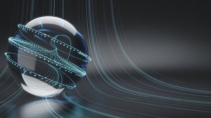 Futuristic transparent sphere with vibrant blue glowing lines symbolizing global data transfer