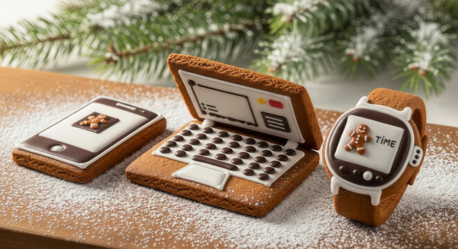 Holiday tech treats gingerbread smartphone laptop and smartwatch on a snowy wooden surface.
