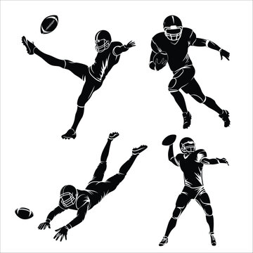 Silhouette Set of American Football Player in Kicker, Quarterback, Runner and Receiver Action Poses