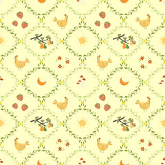Seamless plant pattern with chicken and flowers. Organic farm produce texture. Autumn harvest design for fabric, kids, fall. Vector illustration