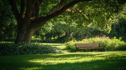 Serene Park Scene with a Wooden Bench Under Lush Green Trees in Bright Daylight Perfect for Relaxation and Nature Enjoyment