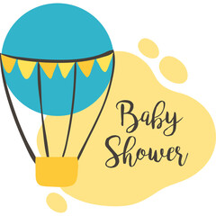Blue Hot Air Balloon With Yellow Basket Floats Over Yellow Abstract Shape With Baby Shower Text Graphic Design