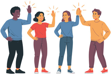 Obraz premium Four diverse people happily giving each other high fives, celebrating success and teamwork.