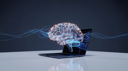 Glowing human brain model emerging from a laptop computer, symbolizing artificial intelligence and neural networks.