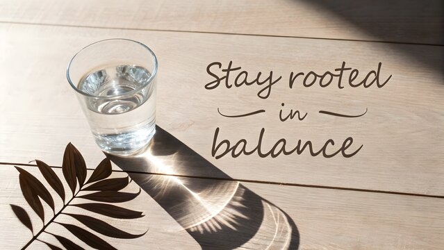 A glass of water with shadow and inspirational quote on wood