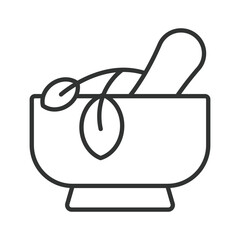 Herbal remedies icon in line design. mortar and pestle, herbal leaves on white background vector. Herbal remedies editable stroke icon