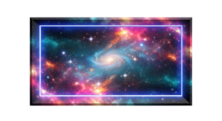 Vibrant galaxy backdrop framed by a sleek neon blue border, creating a captivating cosmic display isolated on transparent background