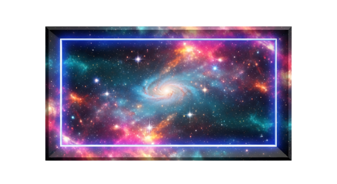 Vibrant galaxy backdrop framed by a sleek neon blue border, creating a captivating cosmic display isolated on transparent background - Powered by Adobe