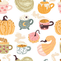 Autumn seamless pattern with various cozy hot drinks in cute cups and pumpkins. Hand-drawn vector illustrations in cartoon trendy textured pastel style. Halloween theme.