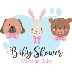 Cute baby shower welcome baby illustration featuring a cartoon dog bunny and bear wearing pink bow ties against a light blue cloud shape with small blue polka dots and the words Baby Shower Welcome