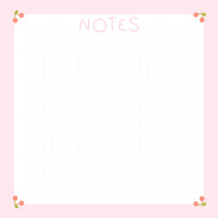 Cute kawaii Note template square vector frame with cherries. Cartoon hand-drawn doodle style. Perfect for stationery, design stickers for notes, notebook sheets, posts for social networks.