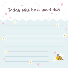 Cute kawaii template square vector frame with bees and chamomile flowers. Cartoon hand-drawn doodle style. for stationery, design stickers for notes, notebook sheets, posts for social networks.