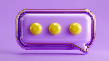 A 3D render of a chat bubble on purple background. It has a rounded rectangle shape with a speech balloon tail on the bottom, with three yellow circles indicating a loading status