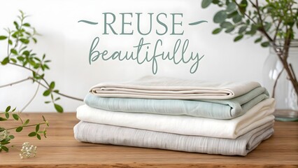 Stack of folded linen cloths with a reuse beautifully quote