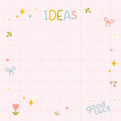 Cute kawaii template square vector frame. Cartoon hand-drawn doodle style. Perfect for stationery, design stickers for notes, notebook sheets, posts for social networks. Pastel palette.