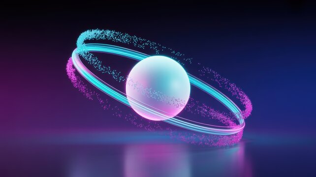 Glowing sphere surrounded by two vibrant neon rings in a futuristic digital environment