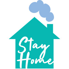 Cyan House Icon With White Text Stay Home And Light Blue Smoke Plume On Transparent Background