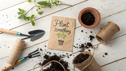 Flat lay of a seed packet and gardening tools on wood